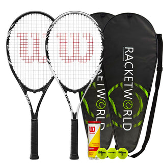 2 x Wilson Federer Tennis Racket Set with 3 Tennis Balls & Covers - Black/White